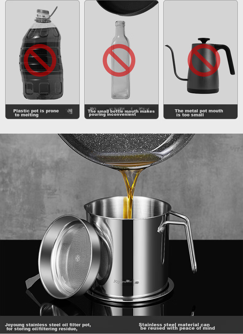 Joyoung Oil Dispenser, 304 Stainless Steel, Household Oil Strainer, Oil Storage Bottle, Kitchen Essential Tool, 1.8L 5