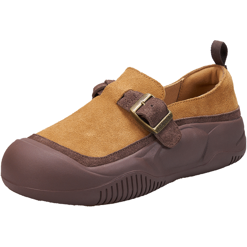 J&M Loafers for Women, Autumn Thick-Soled Slip-On Lazy Retro Peas Shoes Casual Flats, Camel Color, Size 40