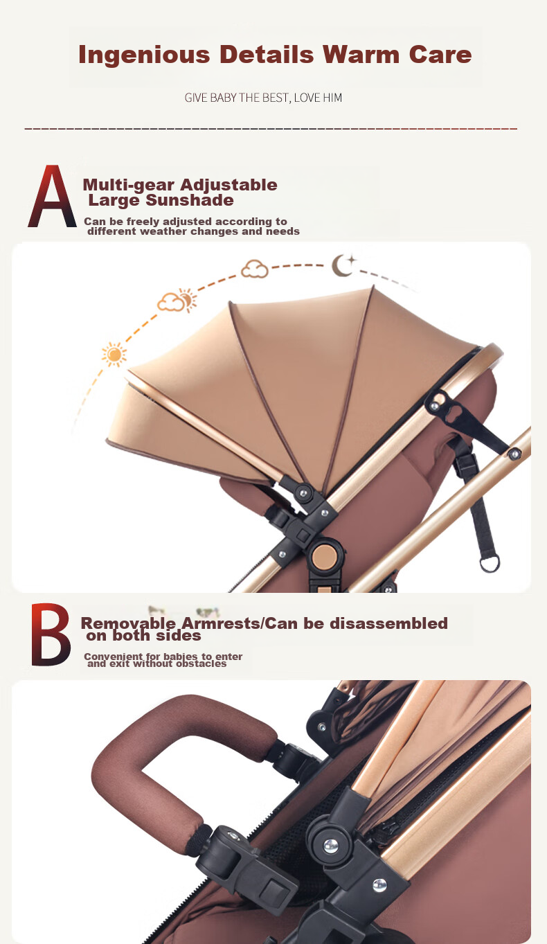 ANGI BABY Stroller, Reclining And Foldable, High Landscape View, Reversible, Shock-Absorbing Pushchair 15