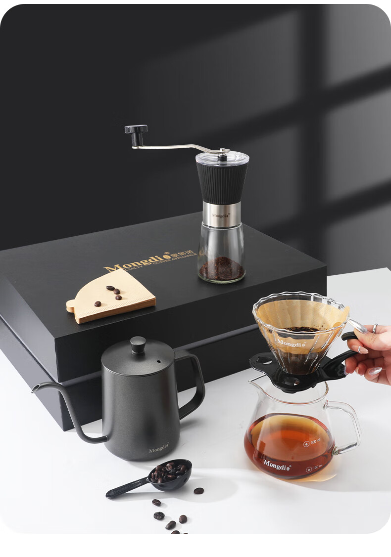 Mongdio Manual Pour-Over Coffee Maker Set with Hand Grinder, Coffee Mill, Coffee Pot, 6-Piece Gift Box Set 21