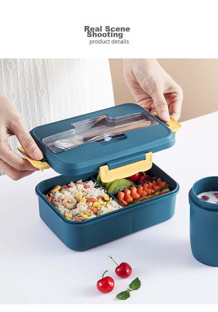 MAXCOOK Microwave Lunch Box, Wheat Straw Large Capacity Deep 3-Compartment Student Lunch Box 1200ml Blue MCFT550 10