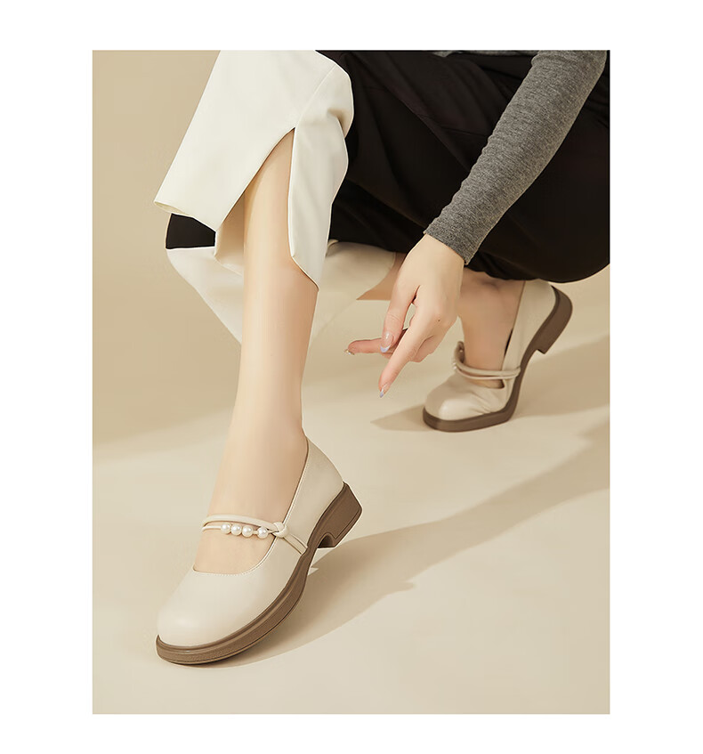 DAPHNE Flat Leather Shoes for Women, Comfortable Versatile French Mary Jane Shoes, Shallow Mouth Loafers, Soft Leather Flats, Beige, Size 35 4