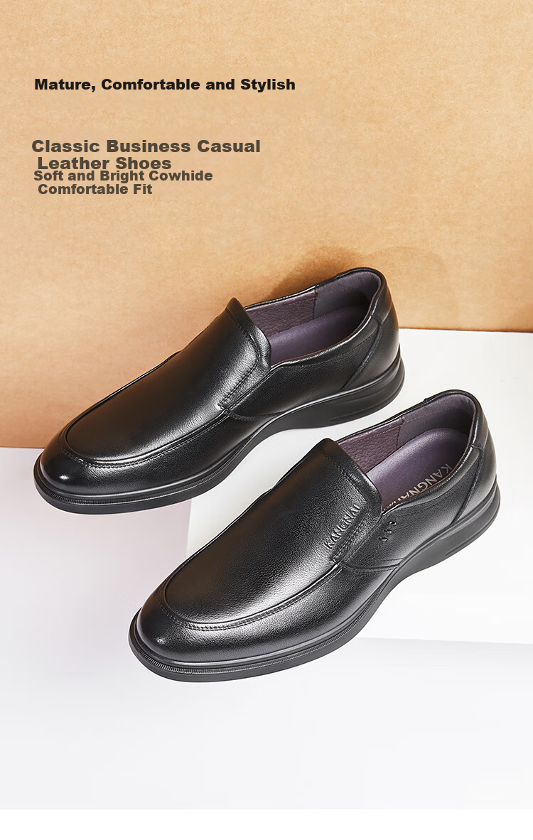 Kangnai Men's Shoes, Spring And Autumn Slip-On Round Toe Business Casual Leather Shoes, Commuter Simple Cowhide Shoes, Black, Size 38 1