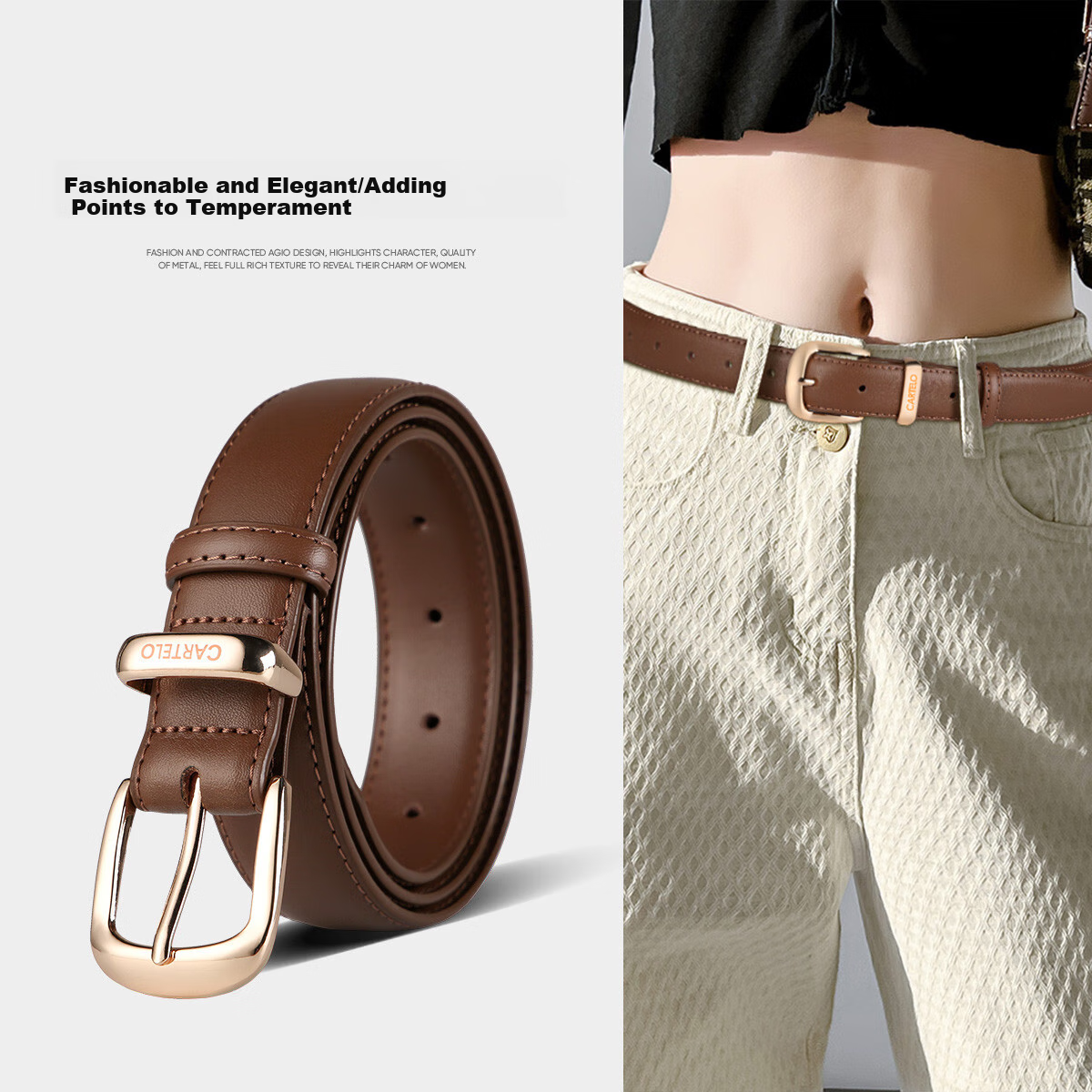 CARTELO Women's Leather Belt, Casual Trouser Belt, Simple Versatile Pin Buckle, Slim Decorative Style, Gift for Girlfriend