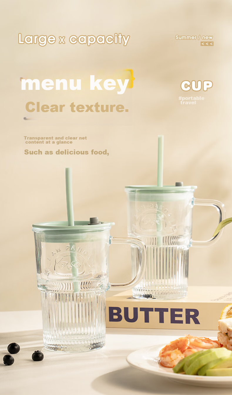CAIZHI Glass Cup with Lid And Handle, Office Water Bottle with Straw, Large Capacity Cup, Transparent Mint Green CZ6940 7