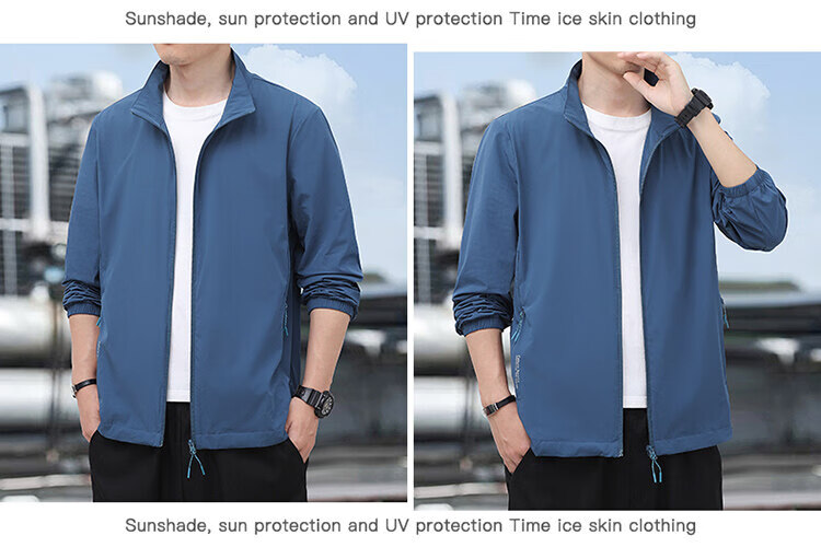 ROMON Men's Summer Outdoor Casual Sun Protection Jacket Stand Collar UV Protection Skin Jacket Blue 3XL 17