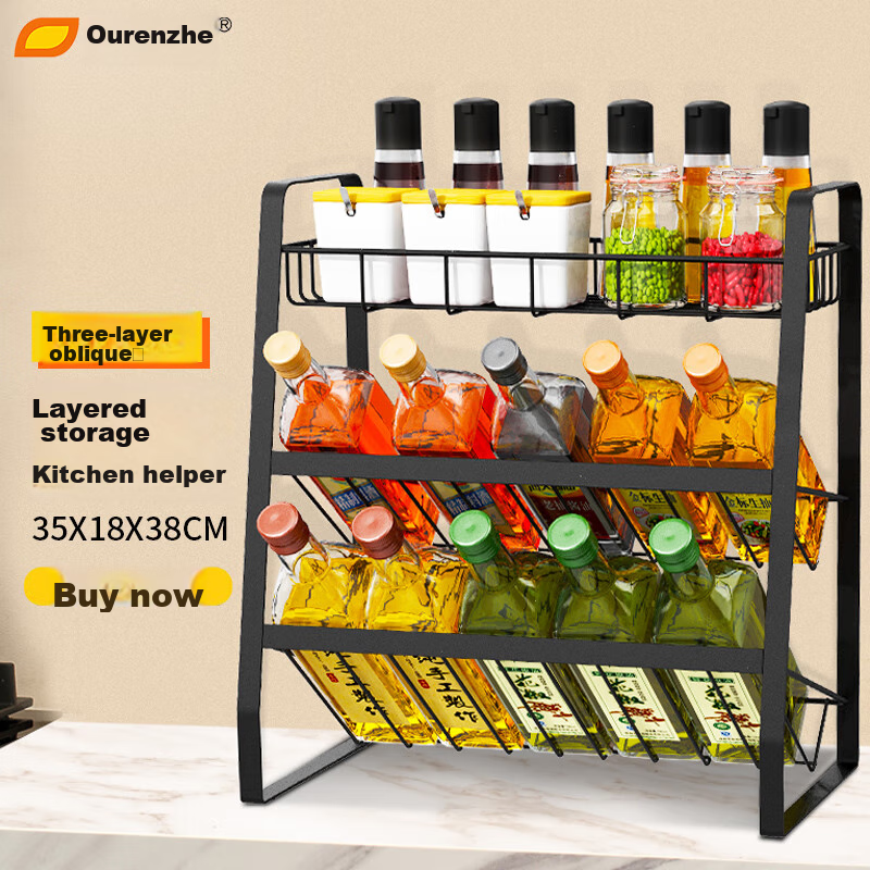Ourunzhe Kitchen Storage Rack, Countertop Oil Bottle Holder, Spice Rack, Condiment Organizer, No Drilling Required, Desktop Storage Shelf, Slanted Design, 3-Tier