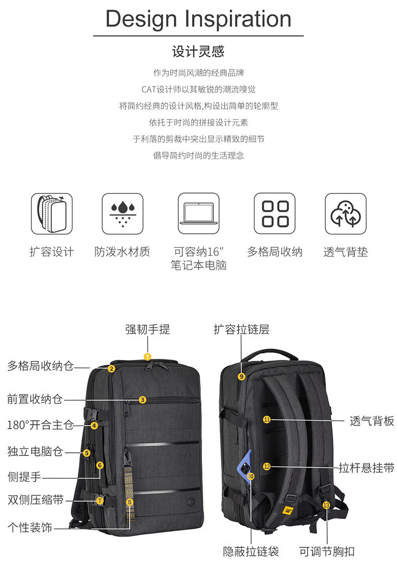 CAT Backpack, 15.6-Inch Laptop Bag, Business Backpack, Travel Bag, Large Capacity Expandable, Simple Gift, Black, 84503 3