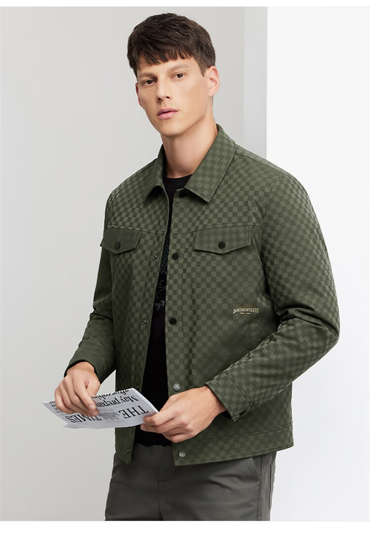 DANCING WOLVES [Trendy Checkered] Lapel Workwear Style Jacket, Easy-Care Men's Coat, 001 Black, S(165) 6