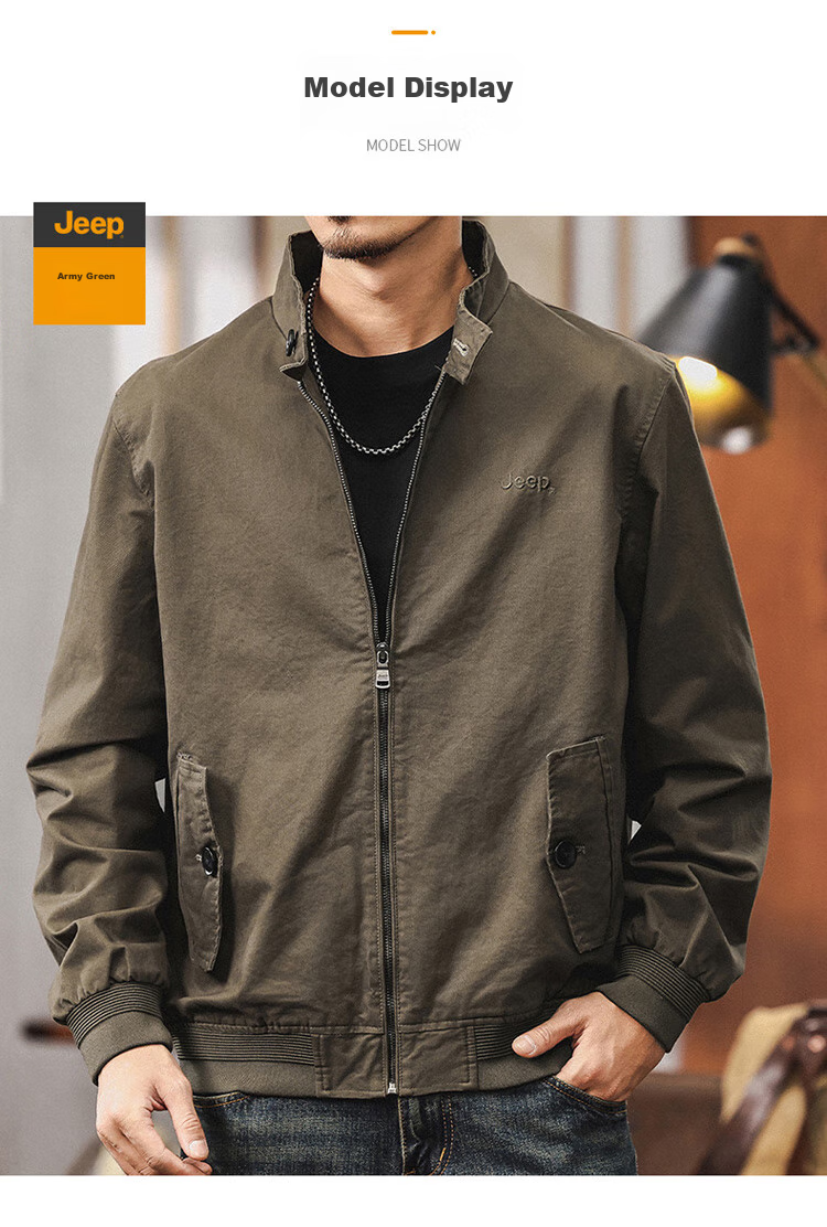 JEEP Men's Jacket, Spring And Autumn Stand-Collar Jacket, Loose-Fitting Trendy Casual Clothing for Men, Army Green, Size L 13