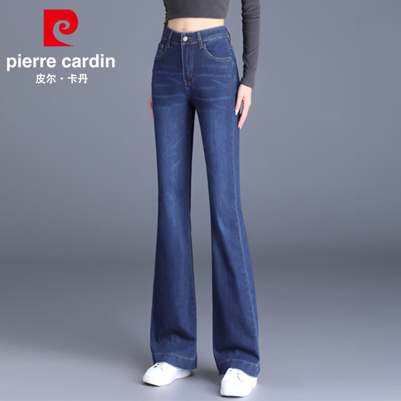 Pierre Cardin High Waist Slimming Women's Jeans Summer Casual Stretch Fitted Flared Pants Dark Blue 31