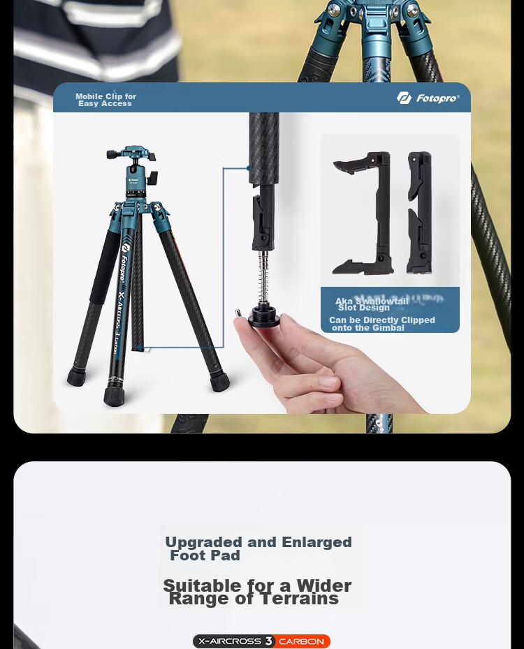 Fotopro Air Three Dual Panoramic Carbon Fiber Camera Tripod for Mirrorless And DSLR Photography And Videography, Deep Blue, Weight/0.9KG, Phone Clamp 21