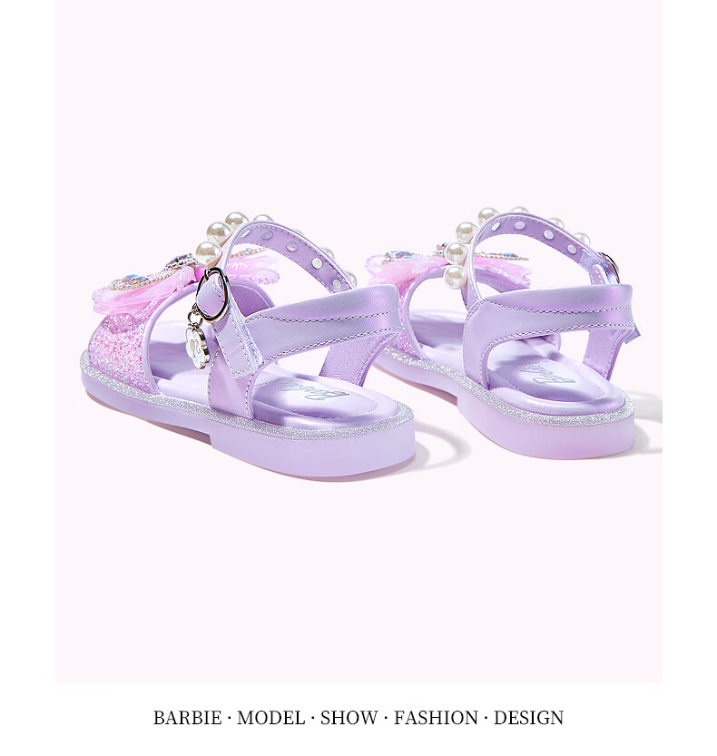 Barbie Children's Shoes, Summer Kids' Sandals, Girls' Butterfly Bow Open-Toe Sandals, Crystal Shoes DA5939, Light Purple, Size 28 19