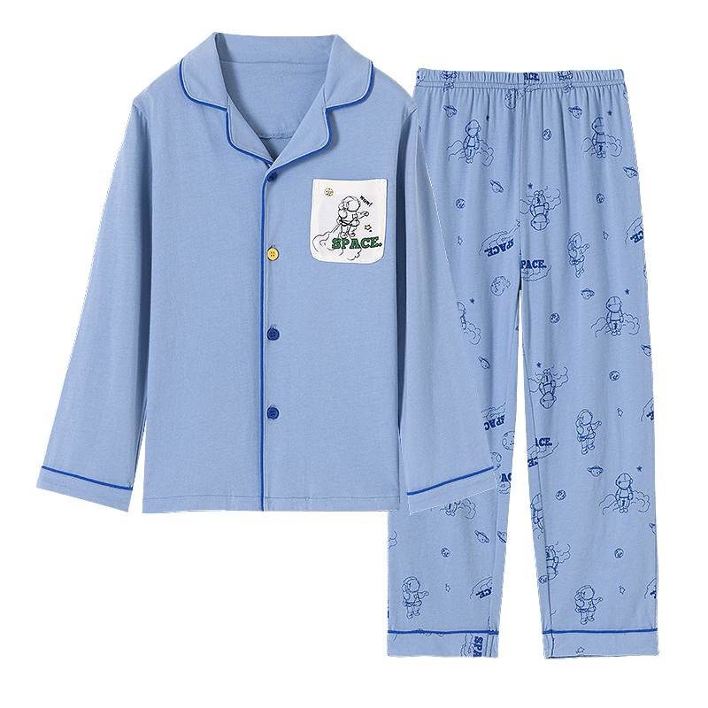 Dingguagua Children's Pajama Set, Spring And Summer Long-Sleeve Pure Cotton Boys' Loungewear, Class A Breathable, Blue, Size 130