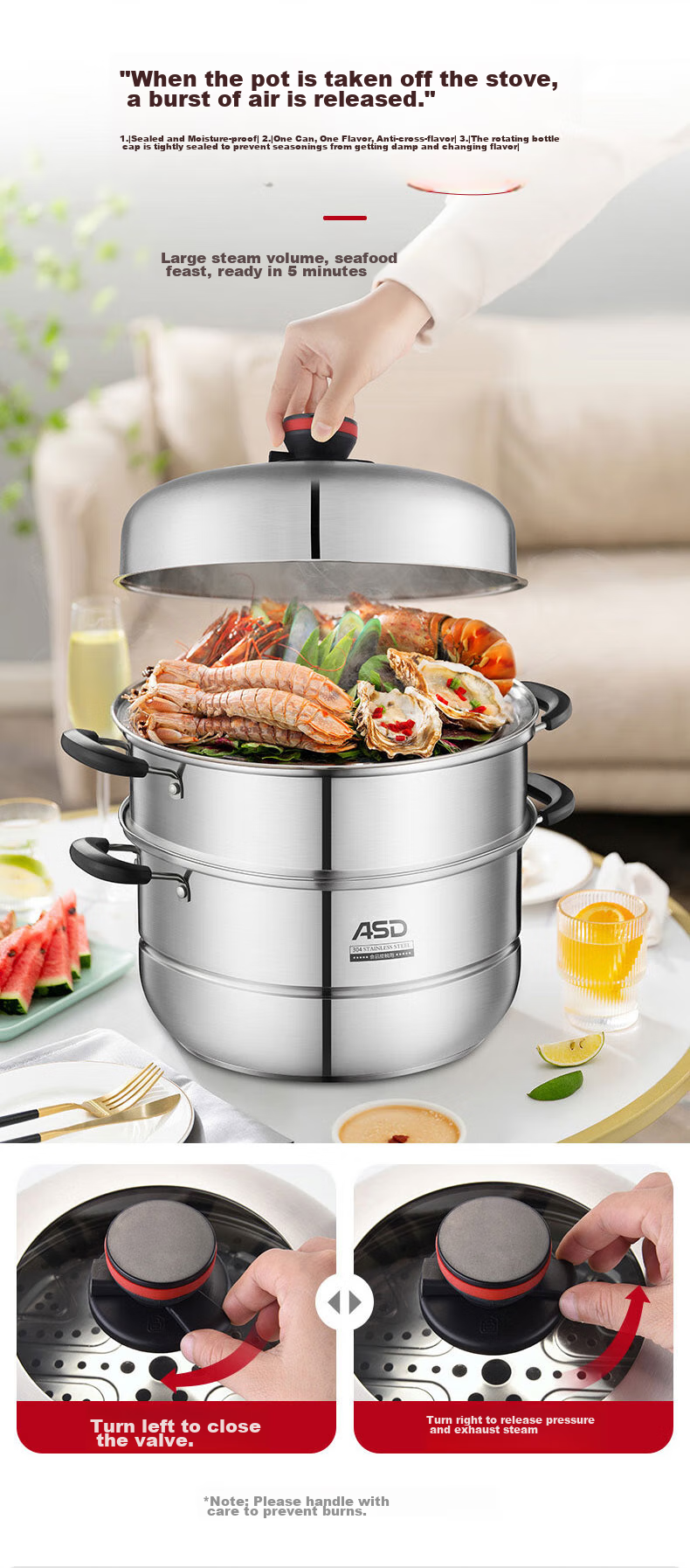 ASD Steamer Pot, Three Layers, 30CM Thickened Base, High-Arch Lid, Large Capacity Fish Steaming Pot, ZS30A5WG 4