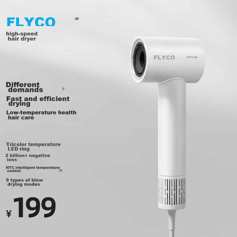 FLYCO High-Speed Hair Dryer, Holiday Gift, for Home And Dorm Use, Portable, Quick-Drying, Constant Temperature, Negative Ion Hair Protection, Powerful Blowing, Model FH6370