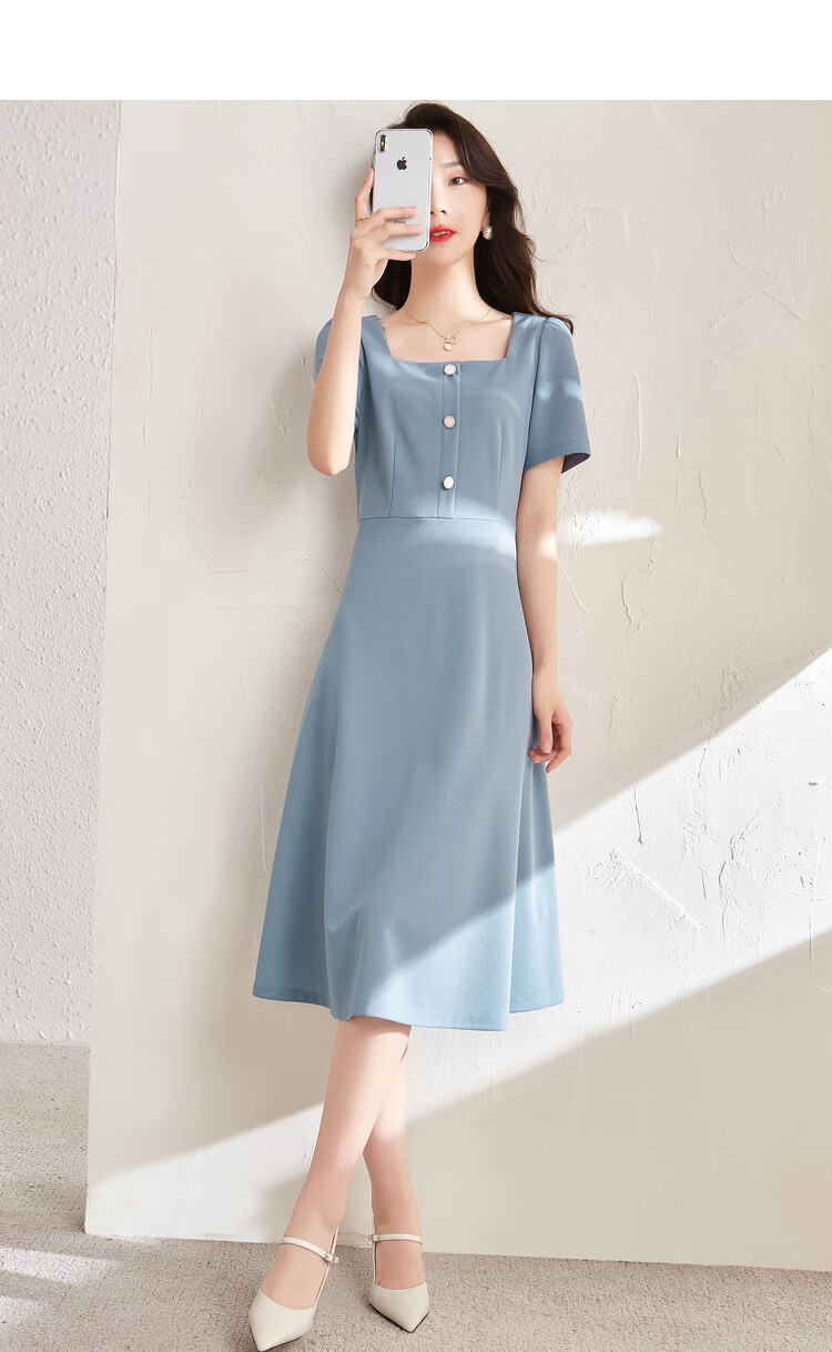 Sentubila Short-Sleeve Dress for Women, Summer Vintage Hepburn Style Elegant Office Dress, Mid-Length A-Line Skirt, Elegant Black, Size S 12