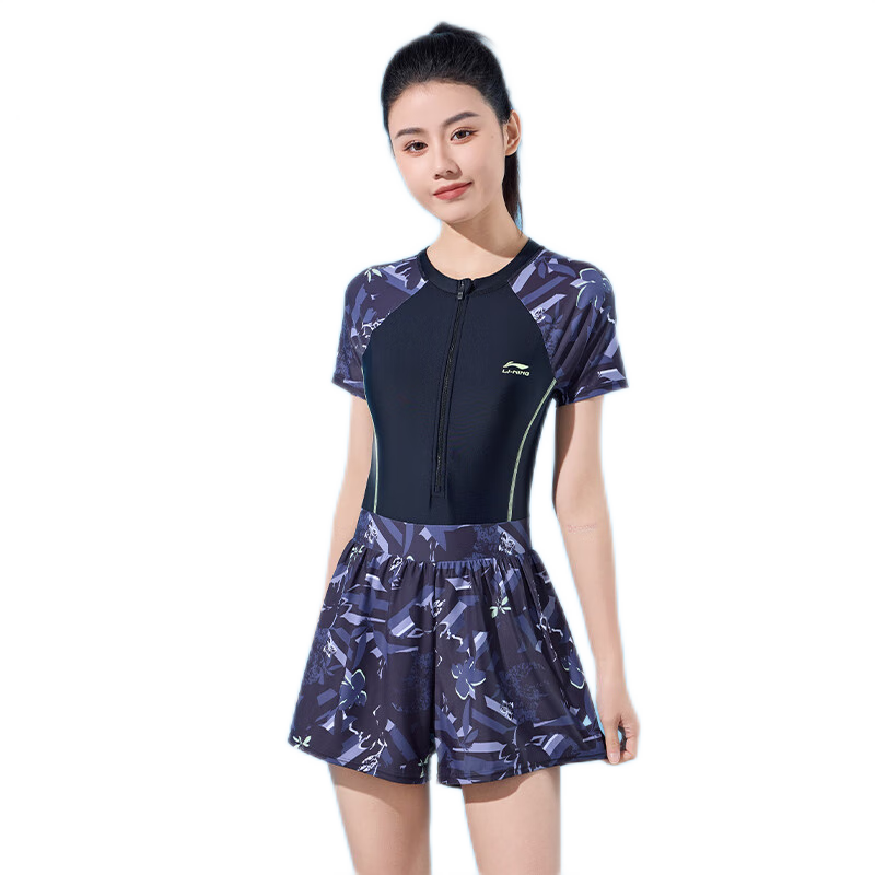 Li-Ning Women's Swimsuit, Fashionable One-Piece Boyleg Casual High-Waist Slimming High-Elastic Breathable Hot Spring Swimwear, 501 Black Floral Pattern, Size L
