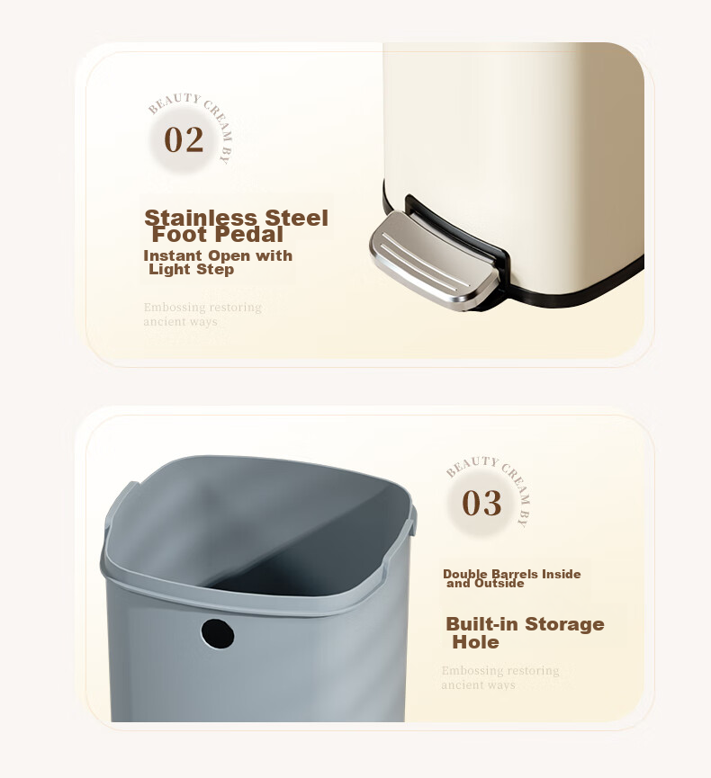 AKBK Kitchen Trash Can, 10L Capacity, with Lid, Stainless Steel Pedal-Operated, Suitable for Living Room, Bedroom, Bathroom, Office, Large Size, Cream-Colored 13