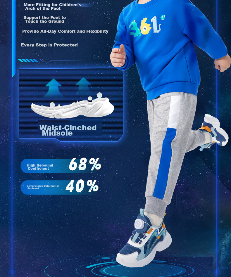 361° Children's Shoes, Kids' Sports Shoes, Fall 2025, Boys And Girls Lightweight Rebound Dial Casual Shoes, Blue, Size 33 7