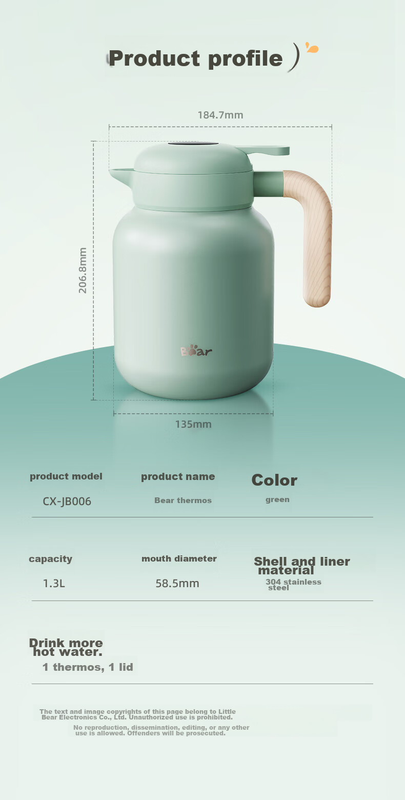 Bear Insulated Bottle with Seamless Inner Liner, 316L Stainless Steel, Household Thermos for Hot Water, Large Capacity, Hot Water Bottle, 2L, Beige 10