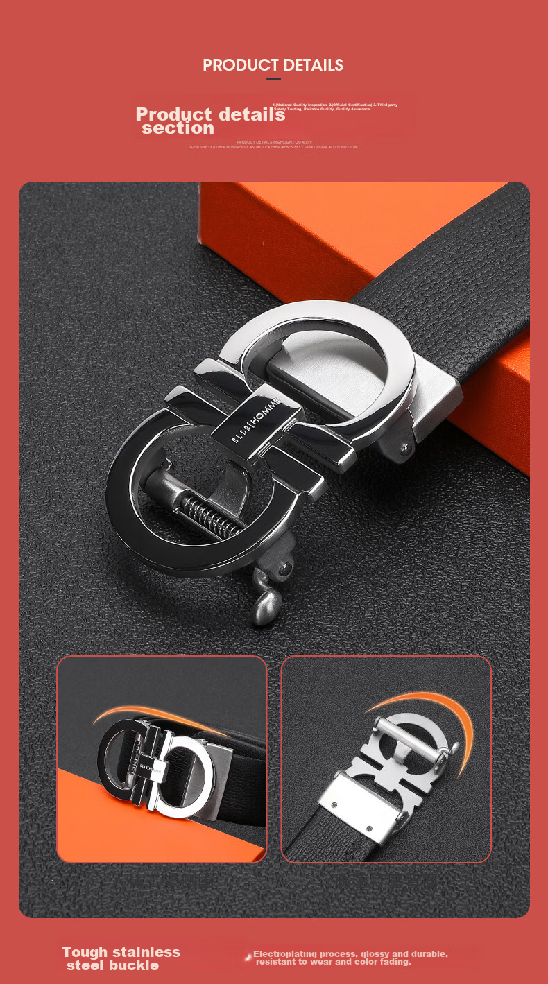 ELLE HOMME Men's Top-Grain Leather Belt, Luxury 304 Stainless Steel Buckle Automatic Waist Belt, Birthday Gift for Boyfriend 4