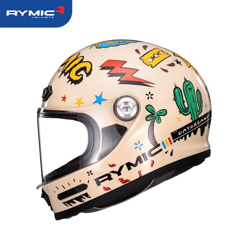 RYMIC Vintage Motorcycle Full Face Helmet 3C Certified Unisex Riding Helmet Four Seasons V80 Milk Tea Color Daydream L