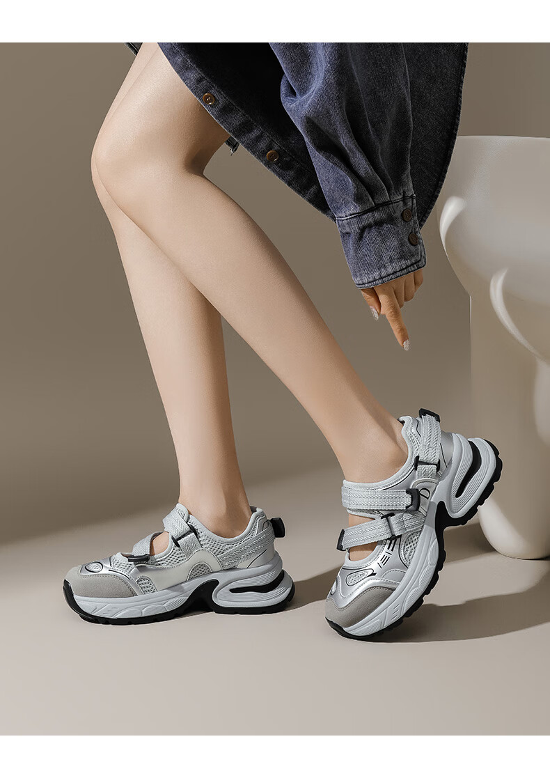 DAPHNE Thick-Soled Casual Sandals for Women, Summer 2025 Heightening Dad Shoes Versatile Breathable Sneakers, Gray And Silver, Size 37 10