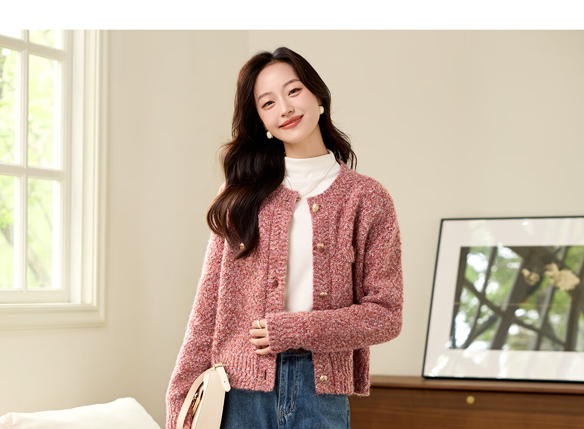 PinCai Women's Knitted Cardigan New Year Battle Robe Little Chanel Style Soft Wool Crew Neck Sweater P144U4016 13