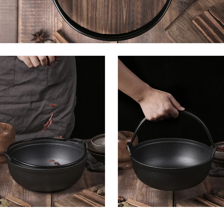 Telssida Japanese Cast Iron Sukiyaki Pot, Uncoated Thickened Non-Stick Raw Iron Soup Pot, Stew Pot, Meat Stewing Pot, Outdoor Cooking Hot Pot 12