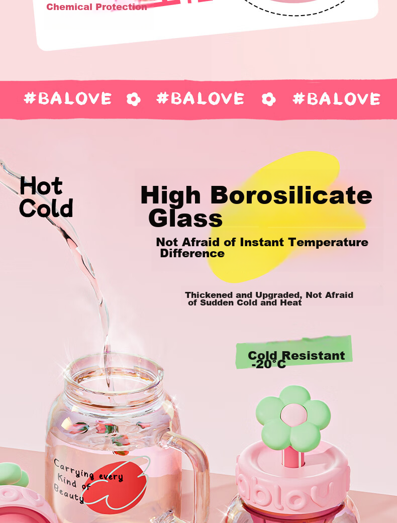 BABLOV Children's Water Bottle for Girls, Stylish Large Capacity Glass Tea Infuser Cup with Straw 6