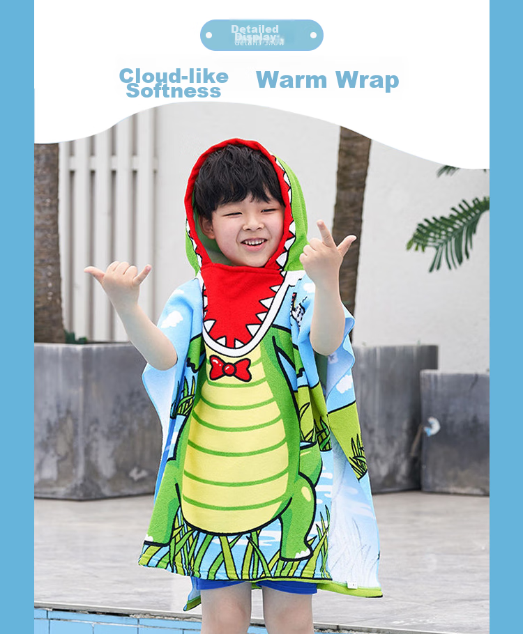 9I9 Children's Bathrobe, Summer Thin Baby Towel, Hooded Cape, Bathroom Beach Wearable, Absorbent Cloak, Cartoon Dinosaur Desig 7