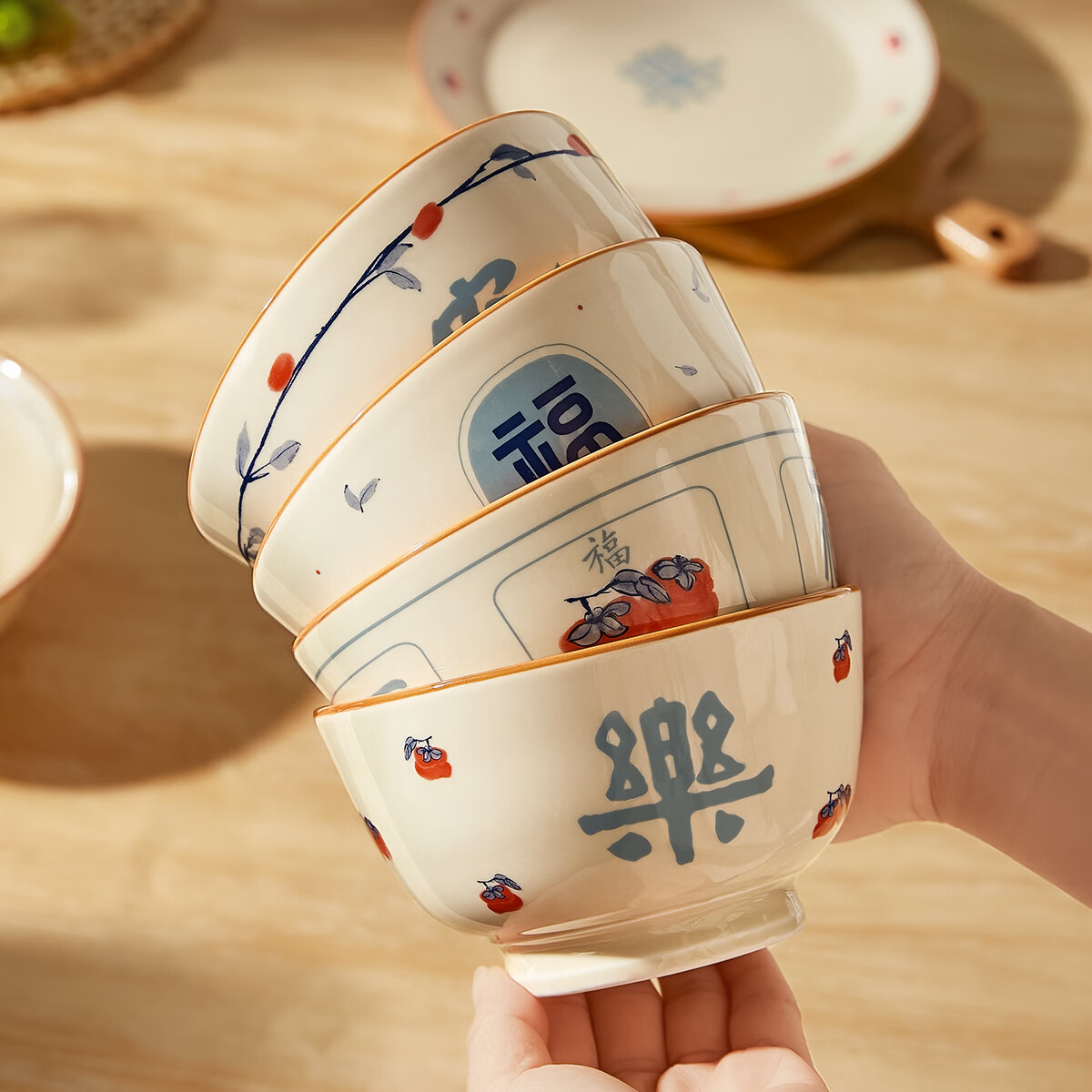 Mose Chinese Ceramic Rice Bowls for Home Use, New Year "Fu" Character Design, Individual Color Rice Bowls for One Person, Set of 5 with Chopsticks Included