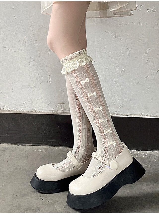 LangSha Silk Stockings, Mid-Calf Socks for Women, Thin Spring And Summer Style with Lace Trim And Bow, Thigh-High Socks, Pure Seductive Style, JK Lolita Silk Stockings 6