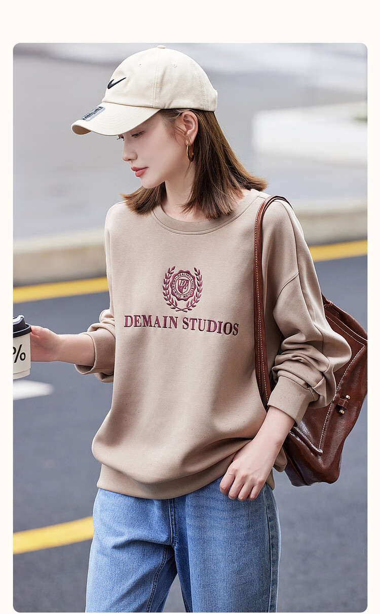 Dme Autumn And Winter New Commuter Round Neck Elastic Textured Letter Air Layer Sweatshirt Women's Top, Gray with Fleece Lining, Size S 3