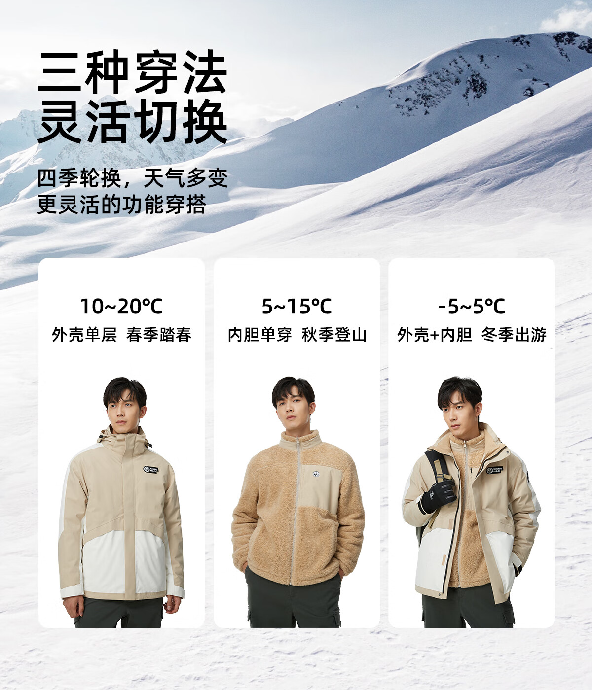 CAMEL Water-Resistant, Oil-Proof, And Waterproof Three-In Hiking Jacket A6B018 Light Mocha Cloud White Men's And Women's Style S 8