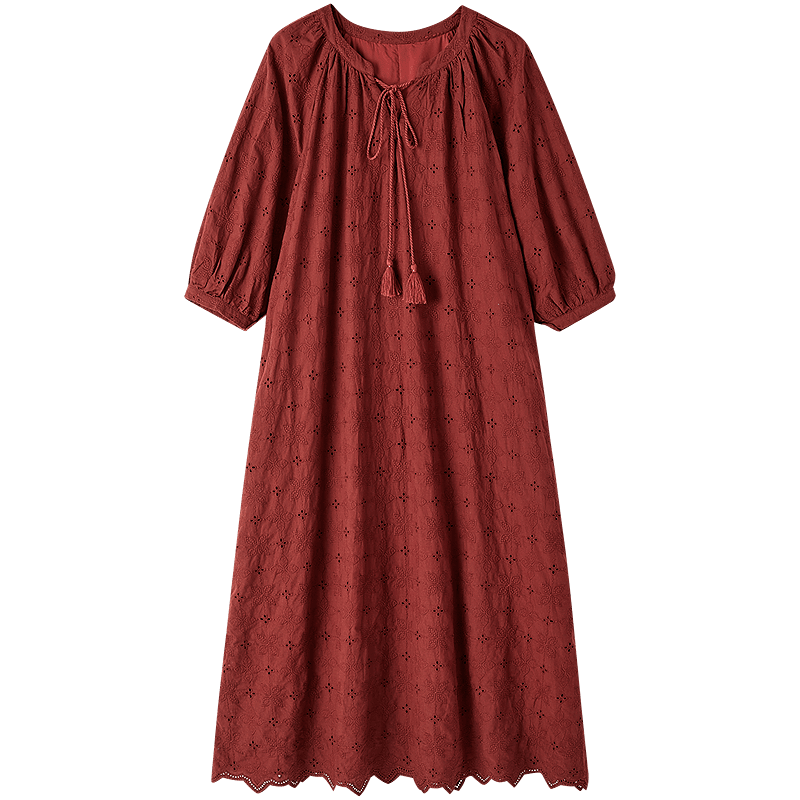 Demana Fresh Cotton Spring Autumn Water-Soluble Lace Embroidered Tea Break Dress with Tassel Cotton Rope and Ruffle Hem Women's Dress
