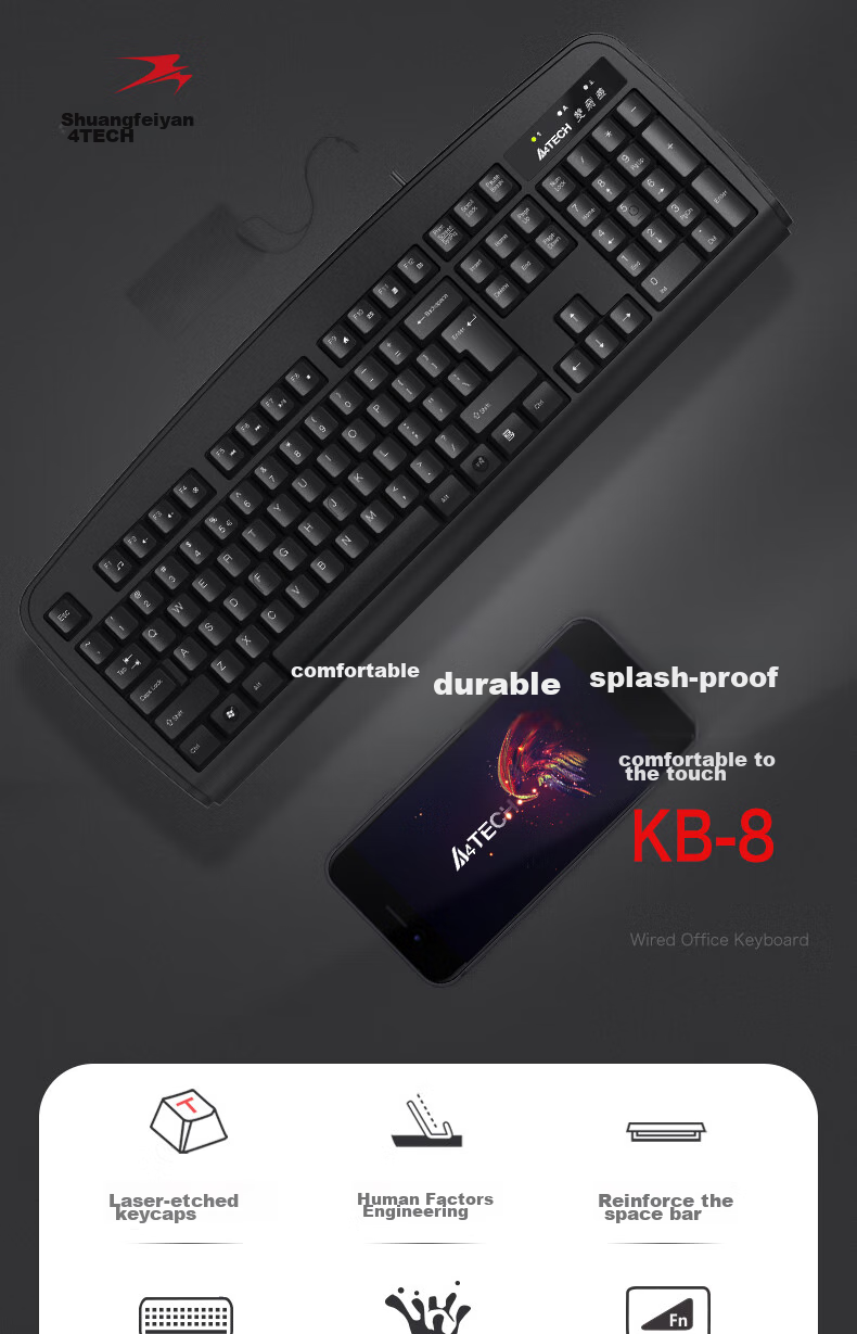 A4TECH KB-8U 104-Key Wired Keyboard, Membrane Keyboard for Desktop Computer, Office Keyboard, Good Typing Feel, Large Backspace Key, USB Interface, Black, Wired 1