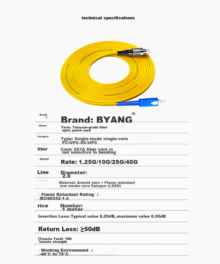 BOYANG Telecom-Grade Fiber Optic Patch Cable SC-FC(UPC), 1 Meter, Single-Mode Single-Core Pigtail, Φ2.0 Flame-Retardant Low-Smoke Zero-Halogen Fiber Optic Cable, BY-131S 9