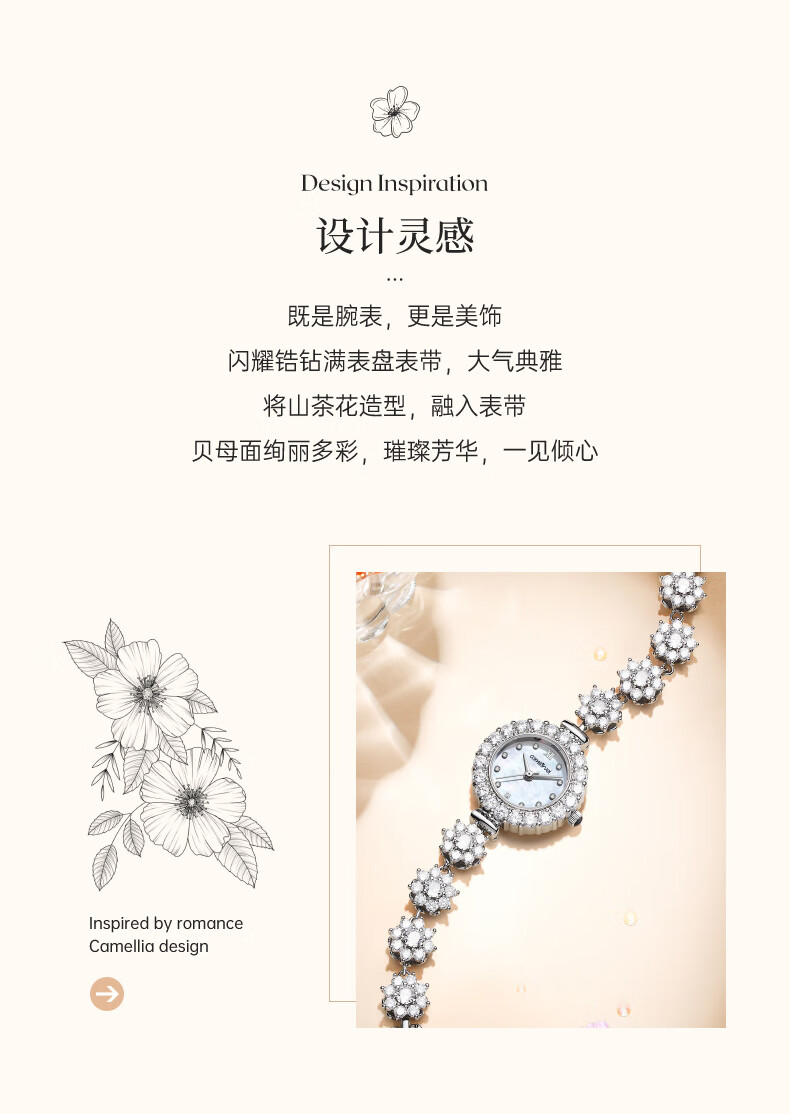 COMLORVEI Rotating Camellia Series, Diamond-Studded Sparkling Sweet Girl Quartz Movement, Mother-Of Dial, Water-Resistant, Versatile Elegant Wristwatch D678 1