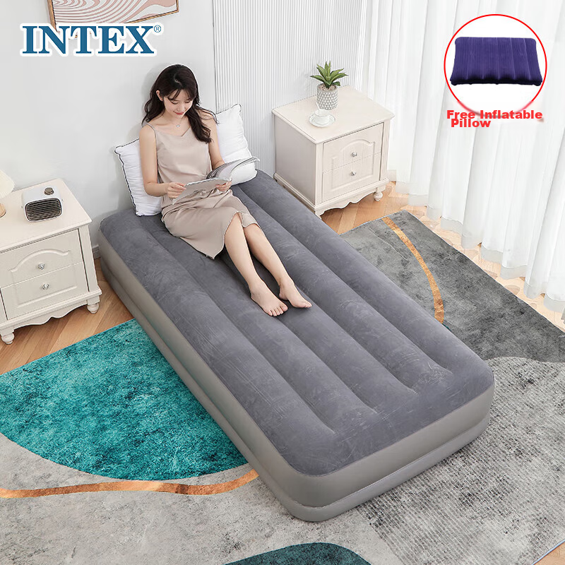 INTEX Built-In Electric Pump USB Port Inflatable Single-Person Air Mattress for Home Use, Portable Automatic Inflation 64112 with 1 Pillow
