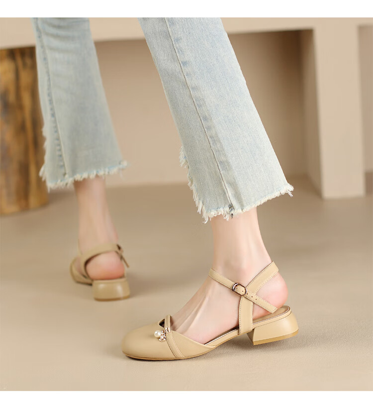 ZHR Women's Summer Sandals with Closed Toe And Chunky Heel, Elegant And Sweet Style Versatile Women's Shoes Y767 Beige 35 12