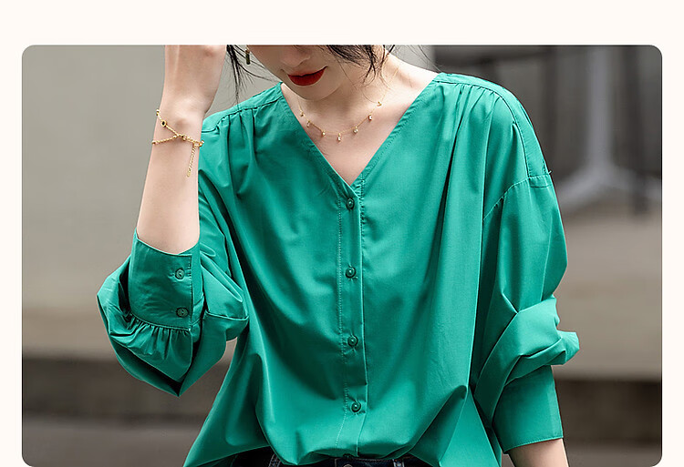 Dme [Dopamine Color Palette] Spring And Autumn French Relaxed V-Neck Shirt, Elastic Comfortable Slimming Blouse, Women's Top 3