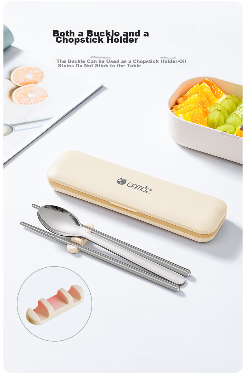 CAMUZ Food-Grade 316 Stainless Steel Portable Cutlery Set with Chopsticks And Spoon for Students And Office Workers, Single-Person Dining Set with Utensil Box, White 9