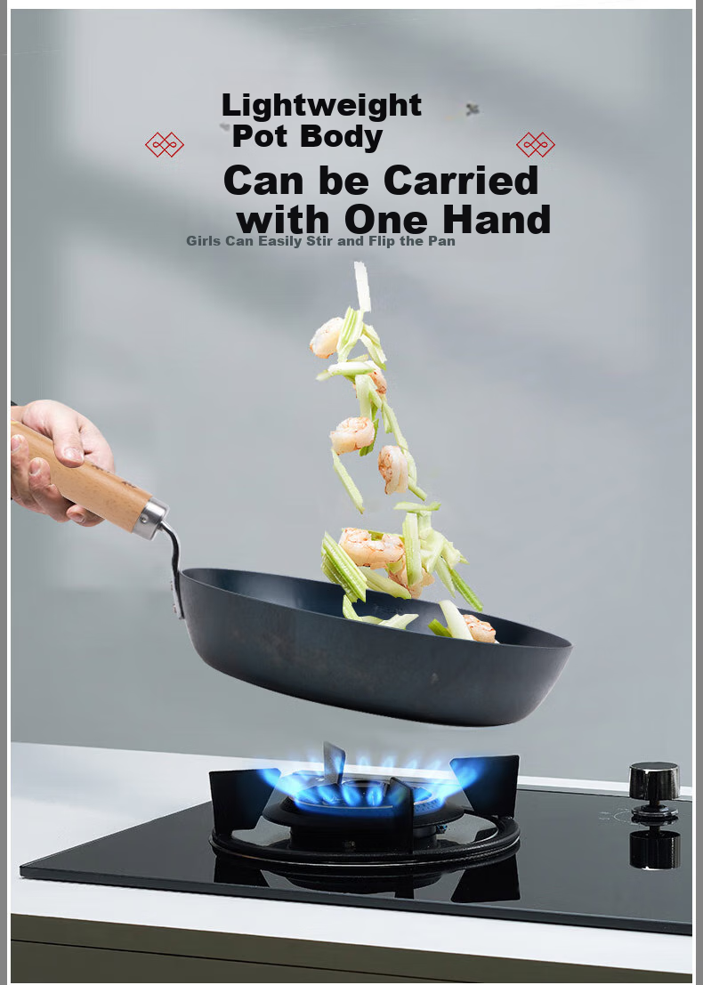 Zhenshanhuan Iron Wok, Frying Pan, Flat Bottom Pan, Non-Stick Pan, Egg Pan, Uncoated Frying Pan, Baby Food Pan, 24cm with Wooden Handle 7