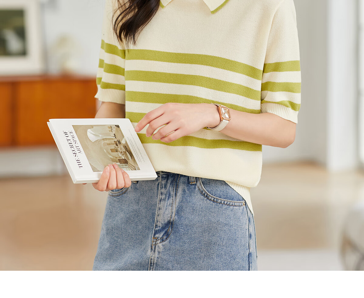 Taxiang Women's Short-Sleeve T-Shirt, Doll Collar Thin Knit Top, Summer Women's T-Shirt, Contrasting Color Top, T144T1629 1