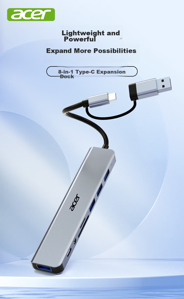 Acer Type-C Expansion Dock, USB3.0 Hub, SD/TF Card Reader Adapter, Compatible with Huawei, Android, MacBook Computers, Converter, Eight-I 1