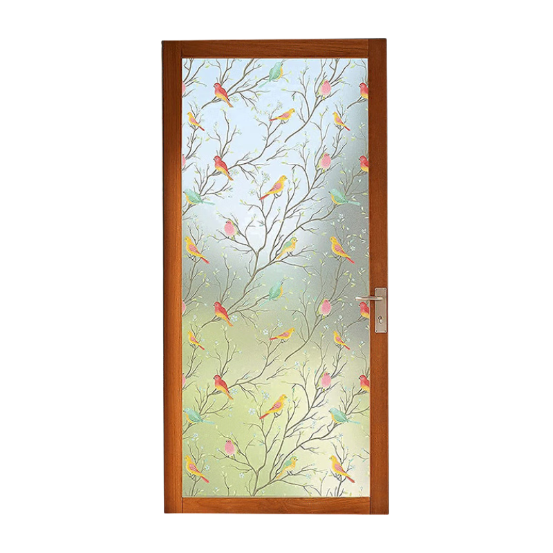 Qinghua Privacy Window Film, Bathroom Glass Privacy Sticker, Frosted Light-Transmitting Window Pattern, Colorful Bird Design, 60*200cm