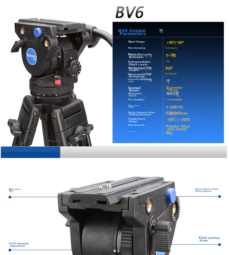 Benro BV6 Professional Camera Tripod Kit with Dynamic Balance Damping, Adjustable Dual Tube Tripod with Hydraulic Head 2