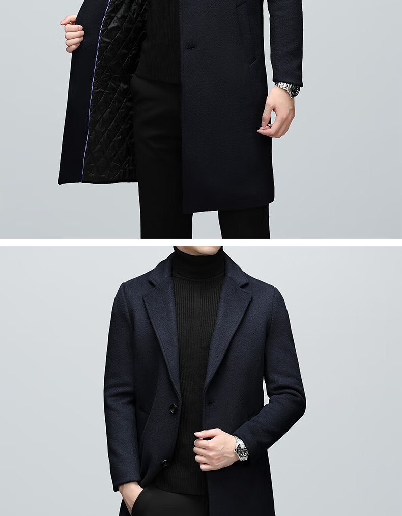 ROMON Autumn Winter Woolen Coat Business Casual Trendy Men's Trench Coat 1930 Navy Blue L 3